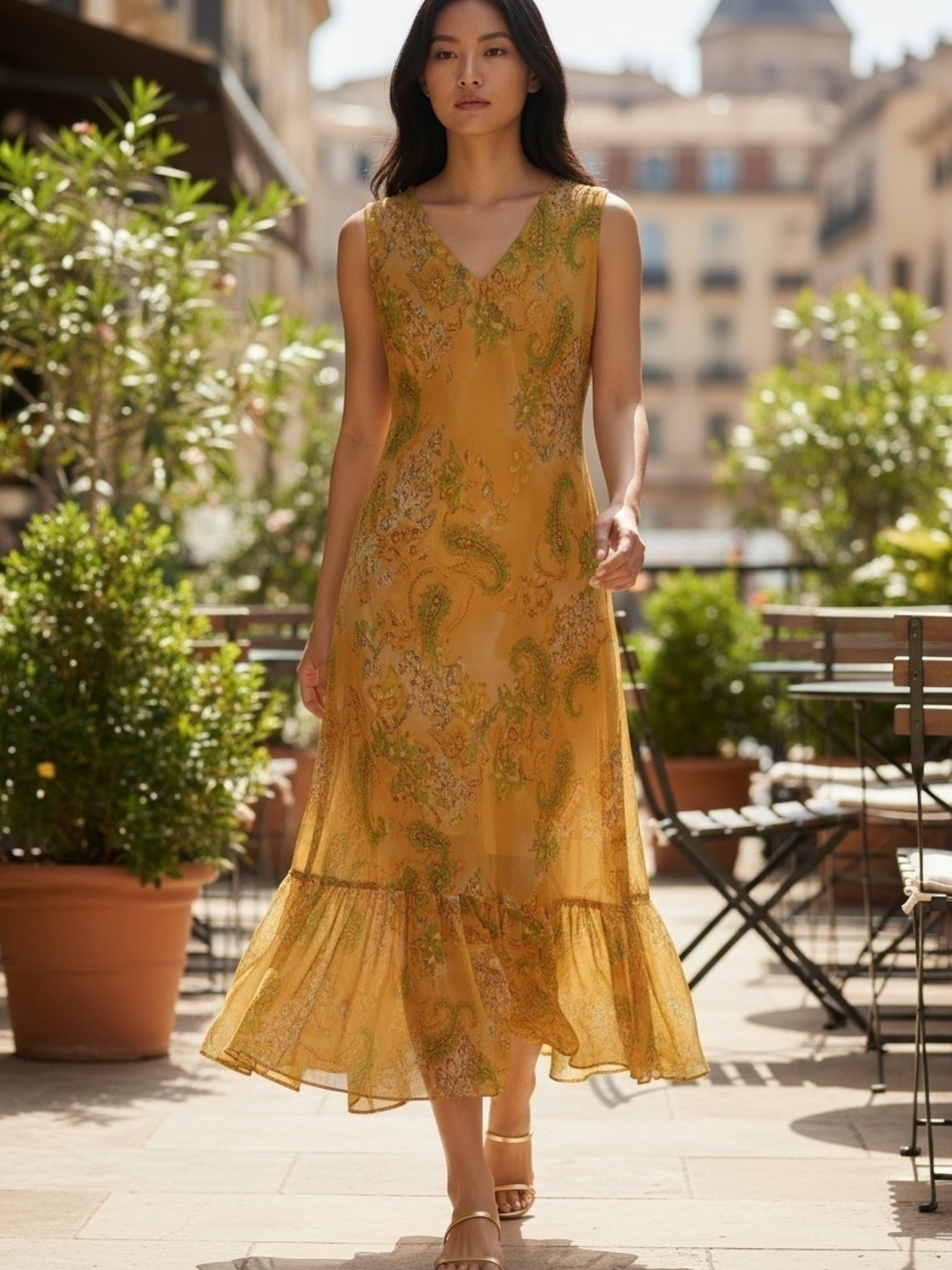 Jessica Taylor Orange Paisley Beaded Georgette Maxi Dress M Boho Ruffle Hem